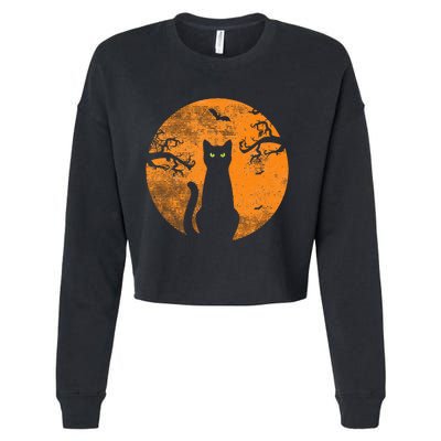 Vintage Scary Halloween Cat Costume Retro Cat Moon Cropped Pullover Crew