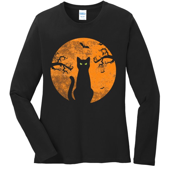 Vintage Scary Halloween Cat Costume Retro Cat Moon Ladies Long Sleeve Shirt