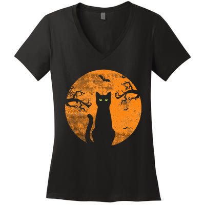 Vintage Scary Halloween Cat Costume Retro Cat Moon Women's V-Neck T-Shirt