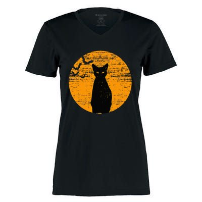 Vintage Scary Halloween Black Cat Costume Retro Moon Cat Mom Women's Momentum V-Neck T-Shirt