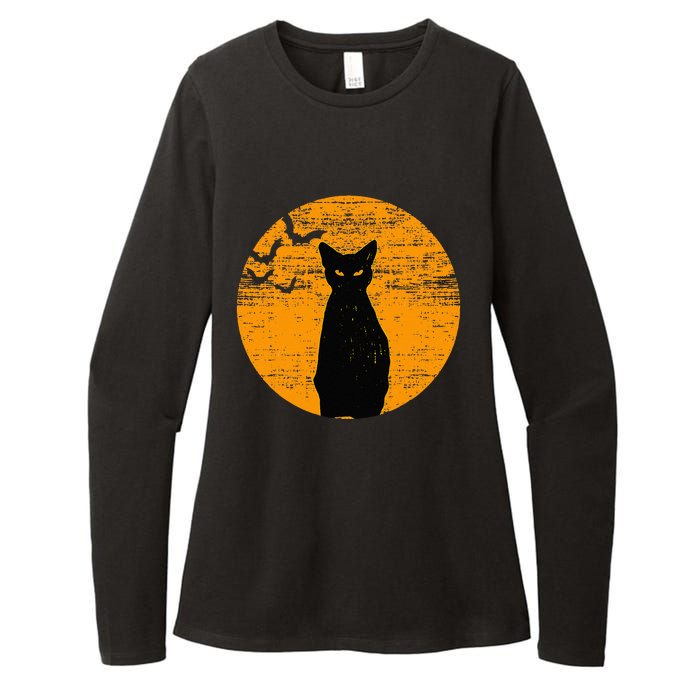 Vintage Scary Halloween Black Cat Costume Retro Moon Cat Mom Womens CVC Long Sleeve Shirt