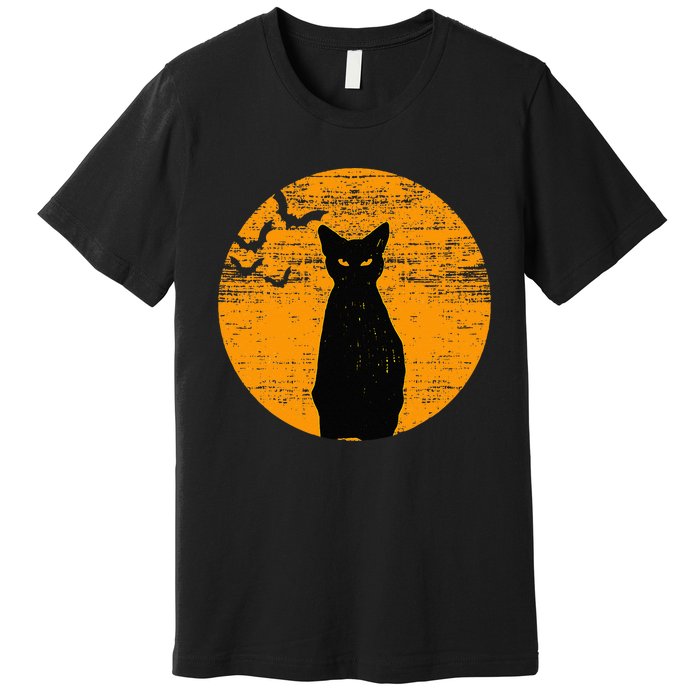 Vintage Scary Halloween Black Cat Costume Retro Moon Cat Mom Premium T-Shirt