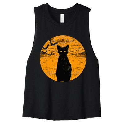 Vintage Scary Halloween Black Cat Costume Retro Moon Cat Mom Women's Racerback Cropped Tank