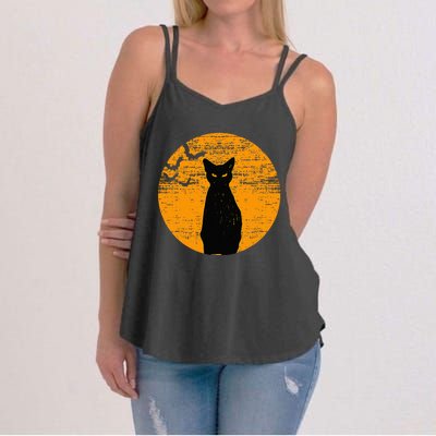 Vintage Scary Halloween Black Cat Costume Retro Moon Cat Mom Women's Strappy Tank