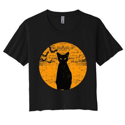 Vintage Scary Halloween Black Cat Costume Retro Moon Cat Mom Women's Crop Top Tee