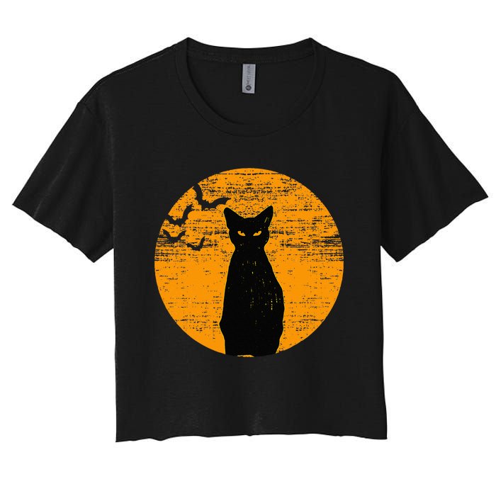 Vintage Scary Halloween Black Cat Costume Retro Moon Cat Mom Women's Crop Top Tee