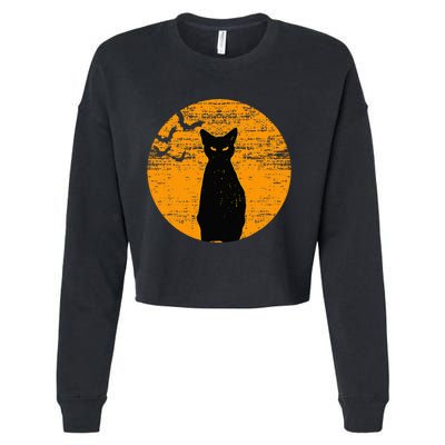 Vintage Scary Halloween Black Cat Costume Retro Moon Cat Mom Cropped Pullover Crew