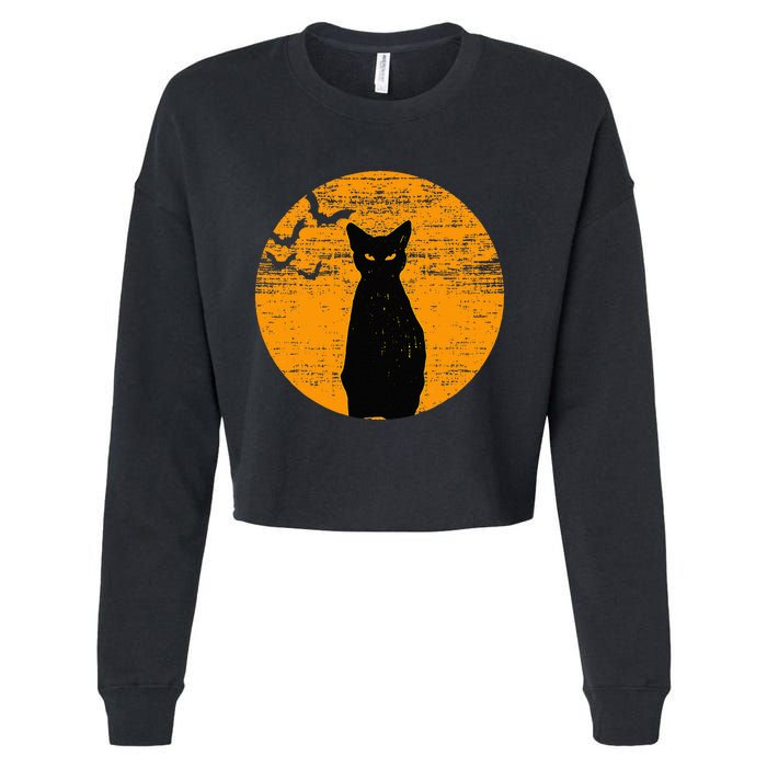 Vintage Scary Halloween Black Cat Costume Retro Moon Cat Mom Cropped Pullover Crew