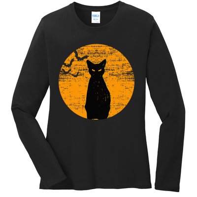 Vintage Scary Halloween Black Cat Costume Retro Moon Cat Mom Ladies Long Sleeve Shirt