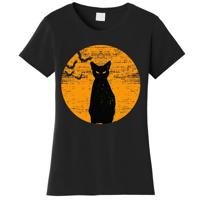 Vintage Scary Halloween Black Cat Costume Retro Moon Cat Mom Women's T-Shirt