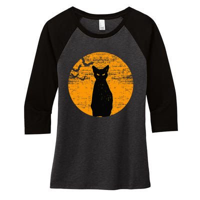 Vintage Scary Halloween Black Cat Costume Retro Moon Cat Mom Women's Tri-Blend 3/4-Sleeve Raglan Shirt