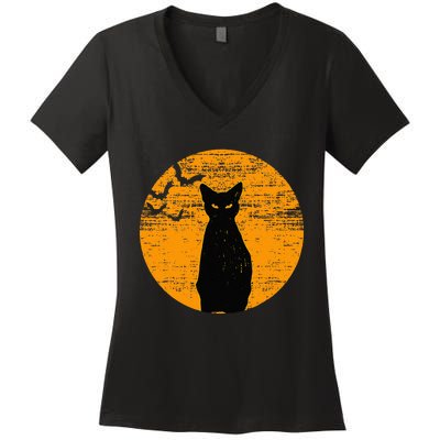 Vintage Scary Halloween Black Cat Costume Retro Moon Cat Mom Women's V-Neck T-Shirt