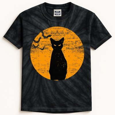 Vintage Scary Halloween Black Cat Costume Retro Moon Cat Mom Kids Tie-Dye T-Shirt