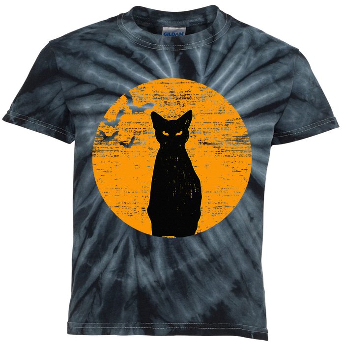 Vintage Scary Halloween Black Cat Costume Retro Moon Cat Mom Kids Tie-Dye T-Shirt