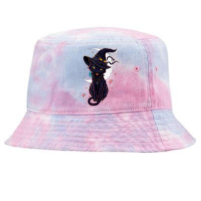 Vintage Scary Halloween Black Cat Costume Witch Hat & Moon Tie-Dyed Bucket Hat