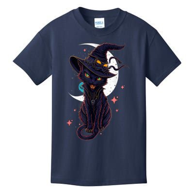 Vintage Scary Halloween Black Cat Costume Witch Hat & Moon Kids T-Shirt