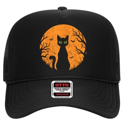 Vintage Scary Halloween Cat Costume Retro Cat Moon High Crown Mesh Back Trucker Hat