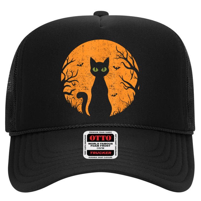 Vintage Scary Halloween Cat Costume Retro Cat Moon High Crown Mesh Back Trucker Hat