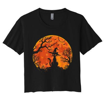 Vintage Scary Halloween Cat Costume Retro Cat Moon Women's Crop Top Tee