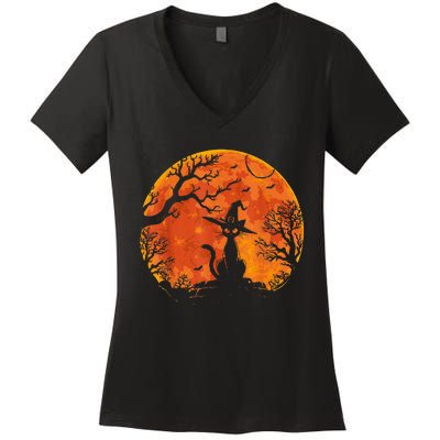 Vintage Scary Halloween Cat Costume Retro Cat Moon Women's V-Neck T-Shirt