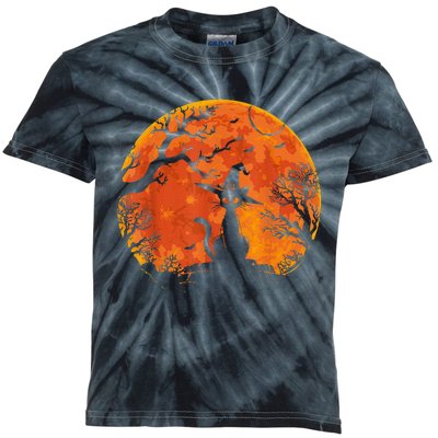 Vintage Scary Halloween Cat Costume Retro Cat Moon Kids Tie-Dye T-Shirt