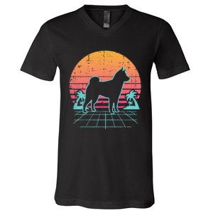 Vapowave Shiba Inu Retro Akita Japanese Dog Gift V-Neck T-Shirt