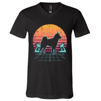 Vapowave Shiba Inu Retro Akita Japanese Dog Gift V-Neck T-Shirt