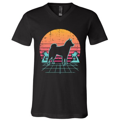 Vapowave Shiba Inu Retro Akita Japanese Dog Gift V-Neck T-Shirt