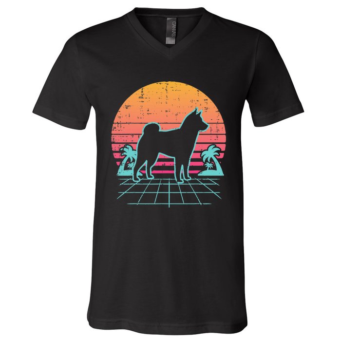 Vapowave Shiba Inu Retro Akita Japanese Dog Gift V-Neck T-Shirt