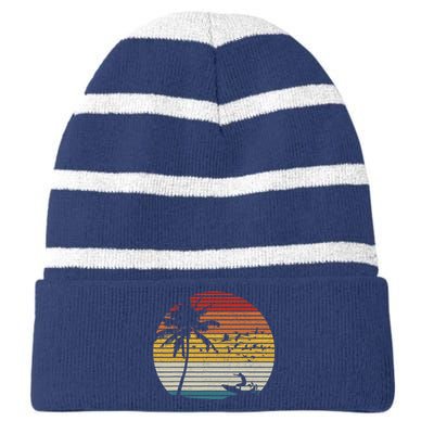 Vintage Surfer Island Sunset Retro Surfing Beach Surf Striped Beanie with Solid Band