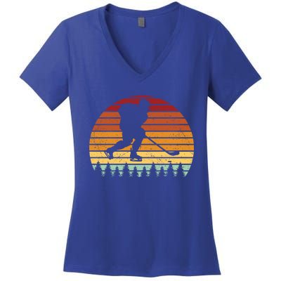 Vintage Sunset Ice Hockey Player Retro Winter Sports Lover Gift Women's V-Neck T-Shirt