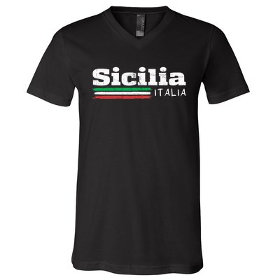 Vintage Sicilia Italia Sicily Italian Flag Italy Souvenir V-Neck T-Shirt