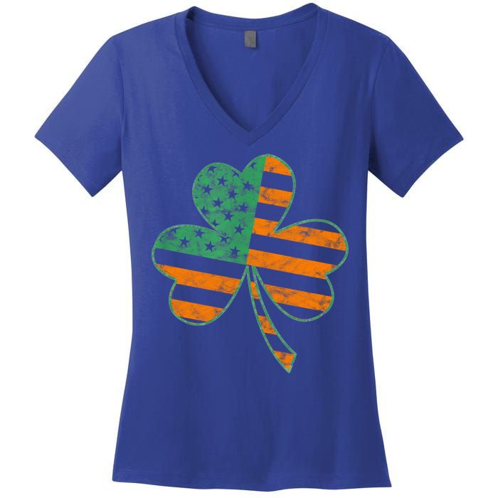 Vintage Shamrock Irish American Flag St Patrick's Day Gift Women's V-Neck T-Shirt