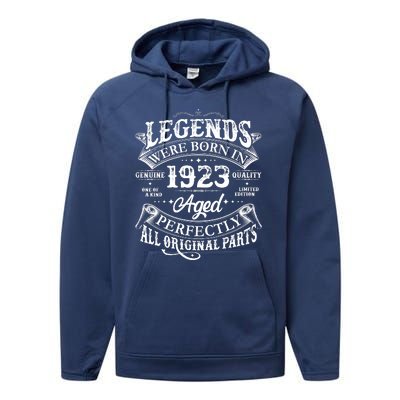 Vintage Scroll Legends Were Born In 1923 Aged Perfectly 100th Birthday Performance Fleece Hoodie