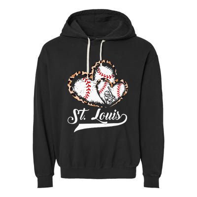 Vintage St Louis Baseball Leopard Heart Baseball Fans Garment-Dyed Fleece Hoodie