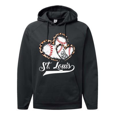 Vintage St Louis Baseball Leopard Heart Baseball Fans Performance Fleece Hoodie