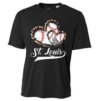 Vintage St Louis Baseball Leopard Heart Baseball Fans Cooling Performance Crew T-Shirt