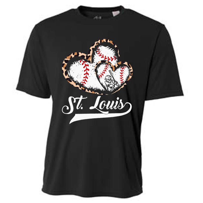 Vintage St Louis Baseball Leopard Heart Baseball Fans Cooling Performance Crew T-Shirt