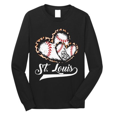 Vintage St Louis Baseball Leopard Heart Baseball Fans Long Sleeve Shirt