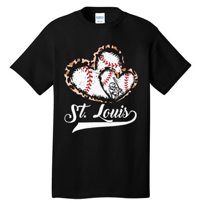 Vintage St Louis Baseball Leopard Heart Baseball Fans Tall T-Shirt