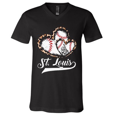 Vintage St Louis Baseball Leopard Heart Baseball Fans V-Neck T-Shirt