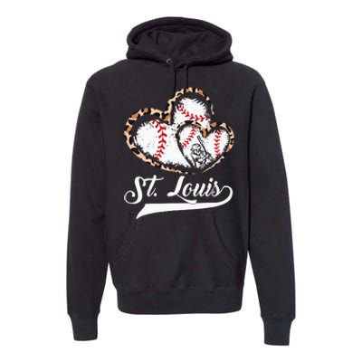 Vintage St Louis Baseball Leopard Heart Baseball Fans Premium Hoodie