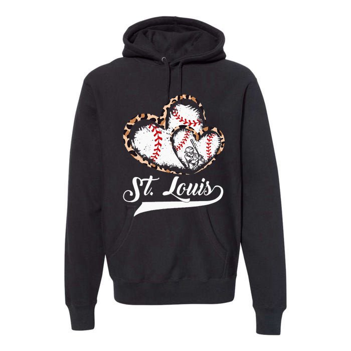 Vintage St Louis Baseball Leopard Heart Baseball Fans Premium Hoodie