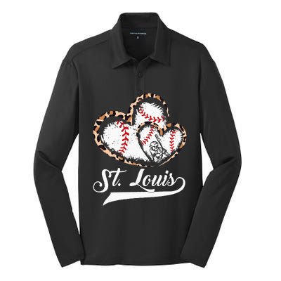 Vintage St Louis Baseball Leopard Heart Baseball Fans Silk Touch Performance Long Sleeve Polo