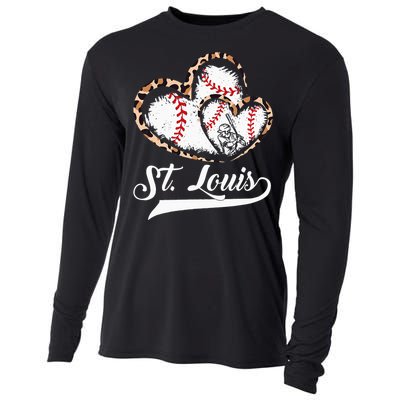 Vintage St Louis Baseball Leopard Heart Baseball Fans Cooling Performance Long Sleeve Crew