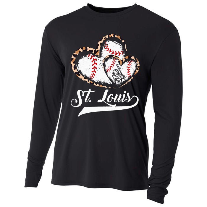 Vintage St Louis Baseball Leopard Heart Baseball Fans Cooling Performance Long Sleeve Crew