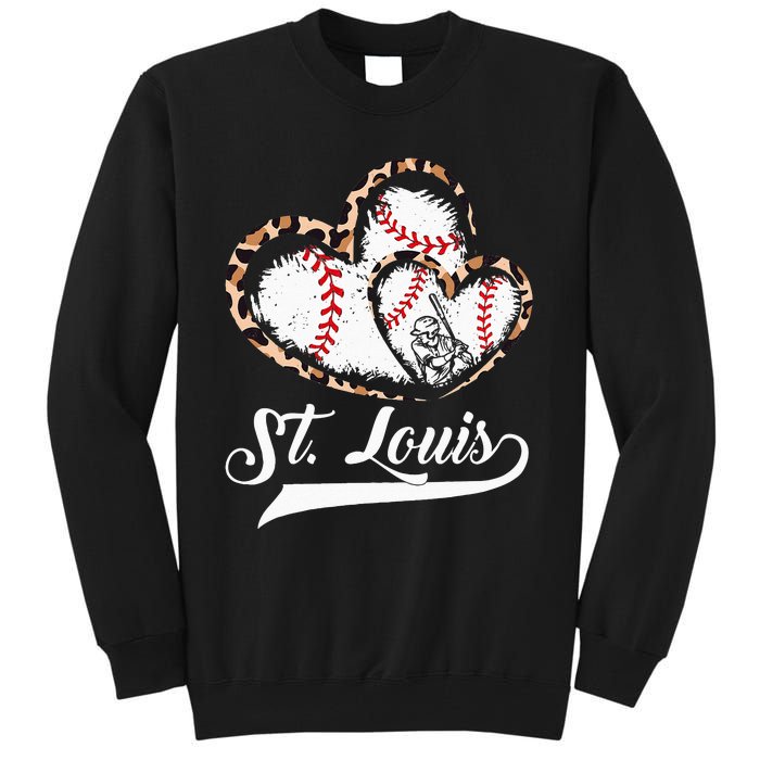 Vintage St Louis Baseball Leopard Heart Baseball Fans Tall Sweatshirt