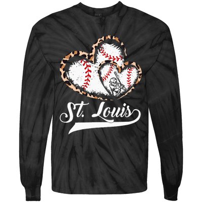 Vintage St Louis Baseball Leopard Heart Baseball Fans Tie-Dye Long Sleeve Shirt