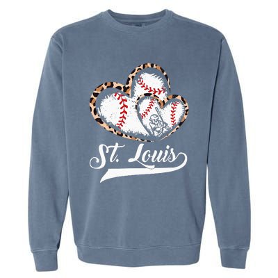 Vintage St Louis Baseball Leopard Heart Baseball Fans Garment-Dyed Sweatshirt