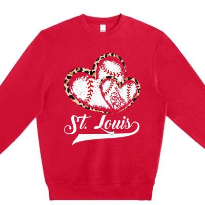 Vintage St Louis Baseball Leopard Heart Baseball Fans Premium Crewneck Sweatshirt